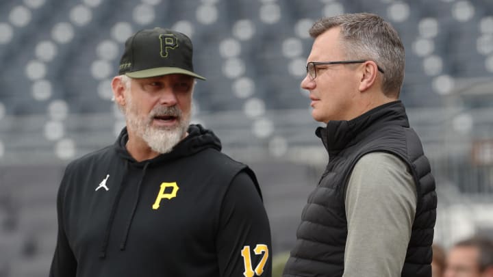 May 6, 2024; Pittsburgh, Pennsylvania, USA;  Pittsburgh Pirates manager Derek Shelton (17) and general manager Ben Cherington (right) talk on the field before the game against the Los Angeles Angels at PNC Park. Mandatory Credit: Charles LeClaire-USA TODAY Sports