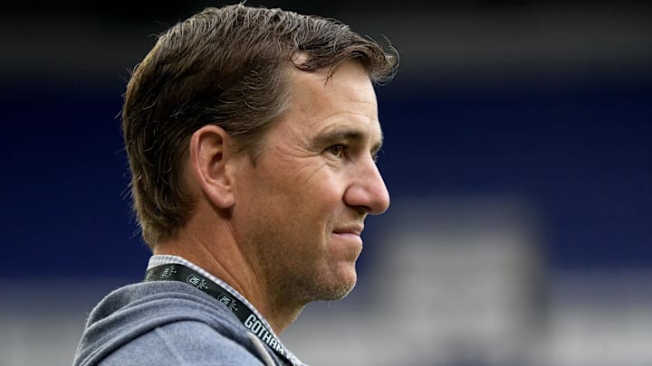 Nov 10, 2024; Harrison, New Jersey, USA; NJ/NY Gotham FC minority owner Eli Manning looks on before a 2024 NWSL Playoffs quarterfinal match against Portland Thorns FC at Red Bull Arena. Mandatory Credit: Lucas Boland-Imagn Images