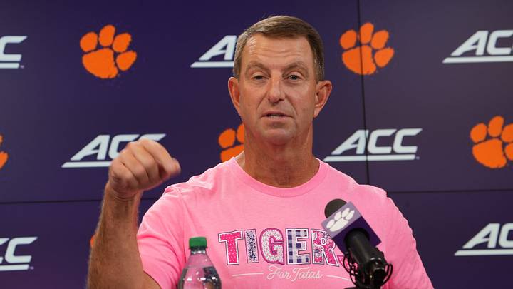 Clemson football head coach Dabo Swinney talks about Breast Cancer Awareness Month and Dabo’s All In Foundation in the Smart Family Media Center in Clemson, S.C. Tuesday, September 29, 2026.