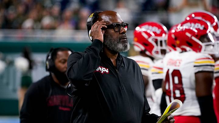 Maryland head coach Mike Locksley watches play from the Maryland sideline during a game against Michigan State at Ford Field. Maryland head coach Mike Locksley watches play from the Maryland sideline during a game against Michigan State at Ford Field.