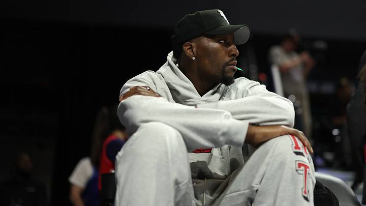 Jul 22, 2026; Washington, District of Columbia, USA; Miami Heat forward Bam Adebayo watches courtside as his wife, Las Vegas Aces center A'ja Wilson (not pictured), plays against the Washington Mystics at CareFirst Arena. Mandatory Credit: Geoff Burke-Imagn Images Jul 22, 2026; Washington, District of Columbia, USA; Miami Heat forward Bam Adebayo watches courtside as his wife, Las Vegas Aces center A'ja Wilson (not pictured), plays against the Washington Mystics at CareFirst Arena. Mandatory Credit: Geoff Burke-Imagn Images