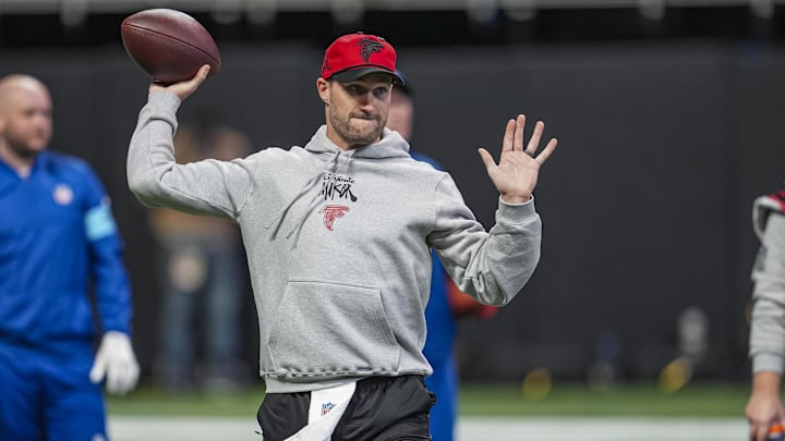 Dec 22, 2024; Atlanta, Georgia, USA; Atlanta Falcons quarterback Kirk Cousins (18) warms up on the field prior to the game against the New York Giants at Mercedes-Benz Stadium. Mandatory Credit: Dale Zanine-Imagn Images