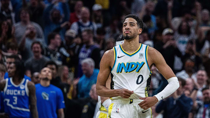 Indiana Pacers guard Tyrese Haliburton celebrates his made basket and foul in the second half against the Milwaukee Bucks at Gainbridge Fieldhouse on Tuesday.