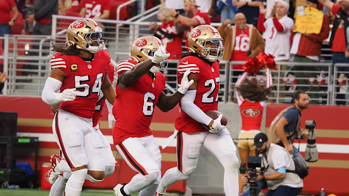 Oct 27, 2024; Santa Clara, California, USA; San Francisco 49ers safety Ji'Ayir Brown (27) celebrates after an interception against the Dallas Cowboys during the first quarter at Levi's Stadium. Mandatory Credit: Kelley L Cox-Imagn Images Oct 27, 2024; Santa Clara, California, USA; San Francisco 49ers safety Ji'Ayir Brown (27) celebrates after an interception against the Dallas Cowboys during the first quarter at Levi's Stadium. Mandatory Credit: Kelley L Cox-Imagn Images