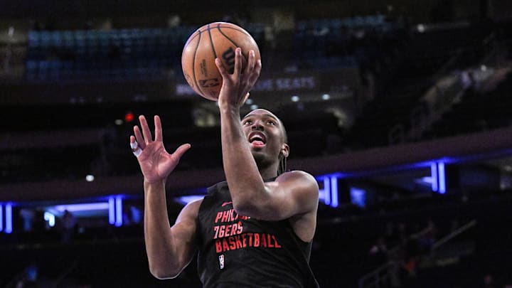 Apr 1, 2025; New York, New York, USA; Philadelphia 76ers guard Tyrese Maxey (0) warms up before a game against the New York Knicks at Madison Square Garden. Mandatory Credit: John Jones-Imagn Images