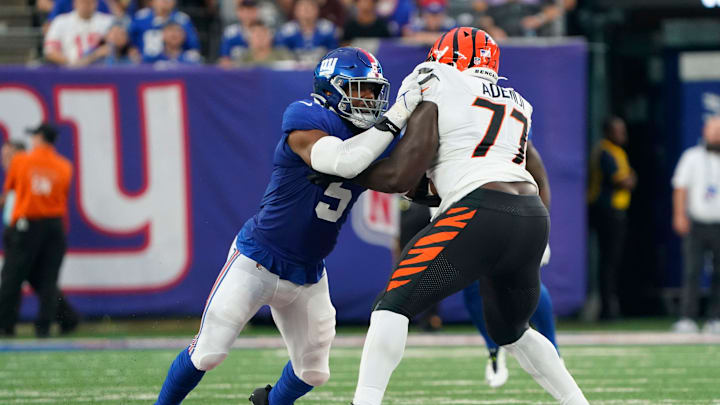 New York Giants defensive end Kayvon Thibodeaux (5) goes up against Cincinnati Bengals guard Hakeem Adeniji (77) during a preseason game at MetLife Stadium on August 21, 2022, in East Rutherford.

Nfl Ny Giants Preseason Game Vs Bengals Bengals At Giants