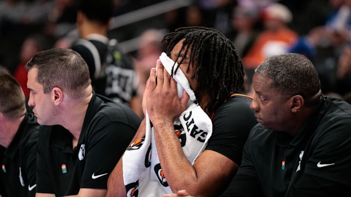 Mar 11, 2026; Kansas City, MO, USA; Oklahoma State Cowboys center Benjamin Ahmed (23) reacts at the end of the game against the TCU Horned Frogs at T-Mobile Center. Mandatory Credit: William Purnell-Imagn Images