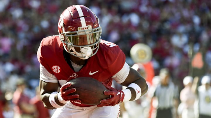 Apr 13, 2024; Tuscaloosa, AL, USA;  Alabama defensive back Dre Kirkpatrick Jr. (21) intercepts a pass during the A-Day scrimmage at Bryant-Denny Stadium. Mandatory Credit: Gary Cosby Jr.-Imagn Images