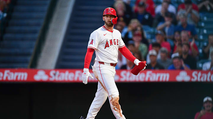 Sep 9, 2025; Anaheim, California, USA; Los Angeles Angels left fielder Taylor Ward (3) scores a run against the Minnesota Twins during the first inning at Angel Stadium. Mandatory Credit: Gary A. Vasquez-Imagn Images