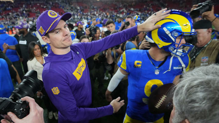 Minnesota Vikings head coach Kevin O'Connell interacts with Los Angeles Rams quarterback Matthew Stafford (9) after their playoff game at State Farm Stadium on Jan. 13, 2025, in Glendale. Minnesota Vikings head coach Kevin O'Connell interacts with Los Angeles Rams quarterback Matthew Stafford (9) after their playoff game at State Farm Stadium on Jan. 13, 2025, in Glendale.