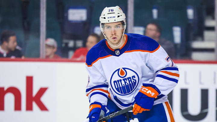 Sep 28, 2022; Calgary, Alberta, CAN; Edmonton Oilers Philip Kemp (76) skates against the Calgary