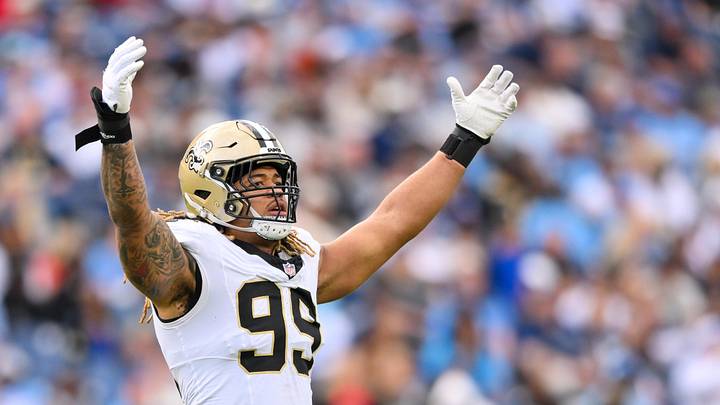 Dec 28, 2025; Nashville, Tennessee, USA; New Orleans Saints defensive end Chase Young (99) celebrates a tackle for loss against the Tennessee Titans during the second half at Nissan Stadium. Mandatory Credit: Steve Roberts-Imagn Images Dec 28, 2025; Nashville, Tennessee, USA; New Orleans Saints defensive end Chase Young (99) celebrates a tackle for loss against the Tennessee Titans during the second half at Nissan Stadium. Mandatory Credit: Steve Roberts-Imagn Images