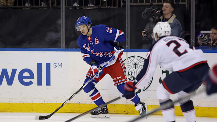 Feb 28, 2024; New York, New York, USA; New York Rangers left wing Artemi Panarin (10) controls the