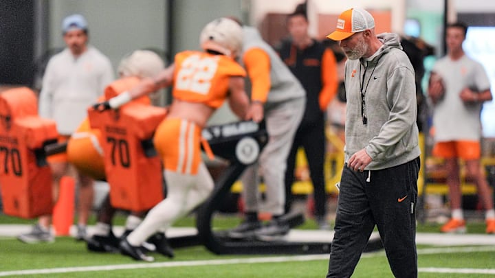 Tennessee defensive coordinator Jim Knowles during the Vols' first spring football practice in Knoxville on March 16, 2026.