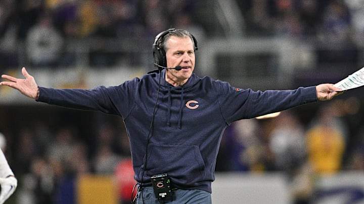 Nov 27, 2023; Minneapolis, Minnesota, USA; Chicago Bears head coach Matt Eberflus reacts during the game against the Minnesota Vikings at U.S. Bank Stadium. Mandatory Credit: Jeffrey Becker-USA TODAY Sports