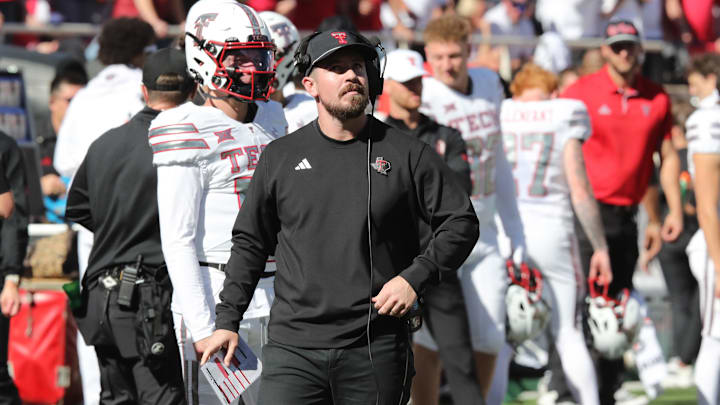 Nov 8, 2025; Lubbock, Texas, USA;  Texas Tech Red Raiders offensive coordinator Mack Leftwich in the second half against the Brigham Young Cougars at Jones AT&T Stadium. Mandatory Credit: Michael C. Johnson-Imagn Images