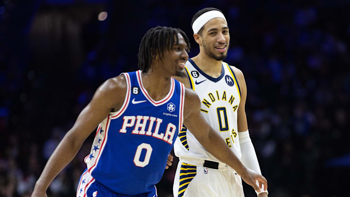 Jan 4, 2023; Philadelphia, Pennsylvania, USA; Philadelphia 76ers guard Tyrese Maxey (0) and Indiana Pacers guard Tyrese Haliburton (0) talk as they position themselves during the second quarter at Wells Fargo Center. Mandatory Credit: Bill Streicher-Imagn Images Jan 4, 2023; Philadelphia, Pennsylvania, USA; Philadelphia 76ers guard Tyrese Maxey (0) and Indiana Pacers guard Tyrese Haliburton (0) talk as they position themselves during the second quarter at Wells Fargo Center. Mandatory Credit: Bill Streicher-Imagn Images