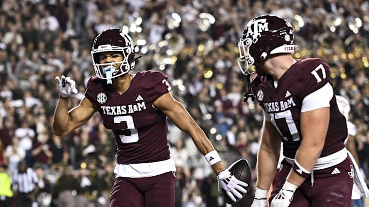 Nov 16, 2024; College Station, Texas, USA; Texas A&M Aggies wide receiver Noah Thomas (3) celebrates after scoring a touchdown during the first quarter against the New Mexico State Aggies at Kyle Field. Mandatory Credit: Maria Lysaker-Imagn Images 