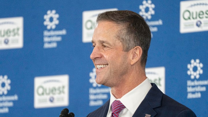 New Giants Head Coach John Harbaugh speaks during a press conference welcoming Harbaugh at the Quest Diagnostics Training Center in East Rutherford on Tuesday, Jan. 20, 2025.