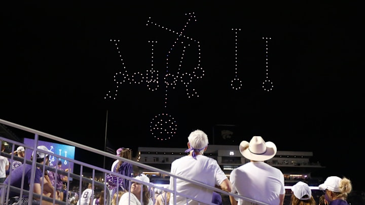 Fans watch a drone show following the game against Kansas. Fans watch a drone show following the game against Kansas.
