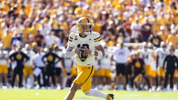 Oct 18, 2025; Tempe, Arizona, USA; Arizona State Sun Devils quarterback Sam Leavitt (10) against the Texas Tech Red Raiders at Mountain America Stadium. Mandatory Credit: Mark J. Rebilas-Imagn Images