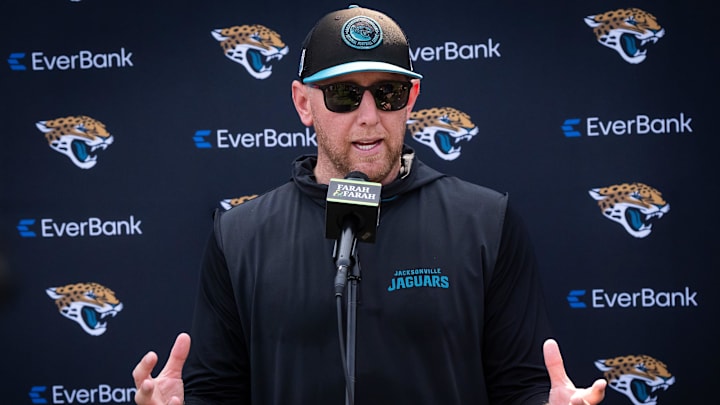 Jacksonville Jaguars head coach Liam Coen answers questions during a press conference after the seventh organized team activity at the Miller Electric Center in Jacksonville, Fla. Monday, June 2, 2025. [Doug Engle/Florida Times-Union]