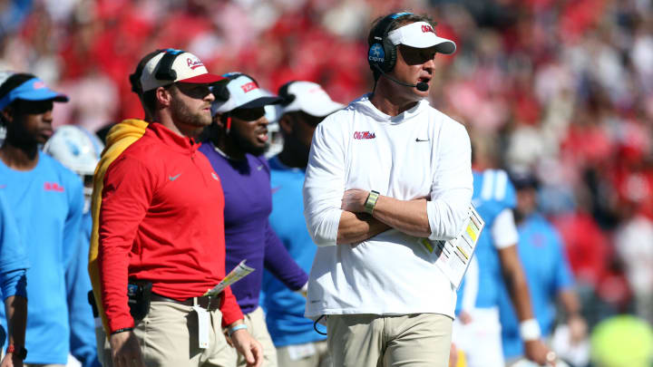 Nov 4, 2023; Oxford, Mississippi, USA; Mississippi Rebels head coach Lane Kiffin looks on during the