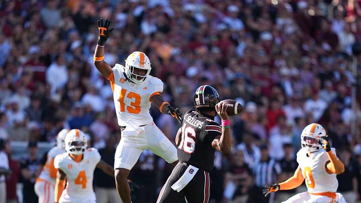 Tennessee linebacker Edwin Spillman (13) pressures South Carolina quarterback LaNorris Sellers (16) during a college football game at Williams-Brice Stadium in Columbia, S.C., on Oct. 24, 2026. Tennessee linebacker Edwin Spillman (13) pressures South Carolina quarterback LaNorris Sellers (16) during a college football game at Williams-Brice Stadium in Columbia, S.C., on Oct. 24, 2026.