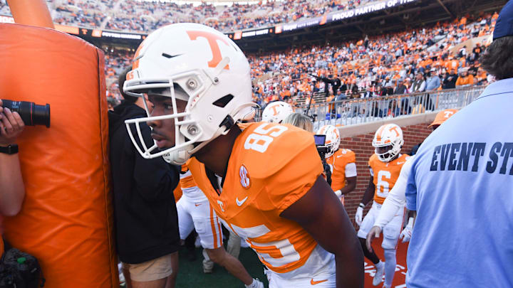 Tennessee wide receiver Nathan Leacock (85) walks onto the field for warm ups before the start of the NCAA college football game between Tennessee and Georgia on Saturday, November 18, 2023 in Knoxville, Tenn.
