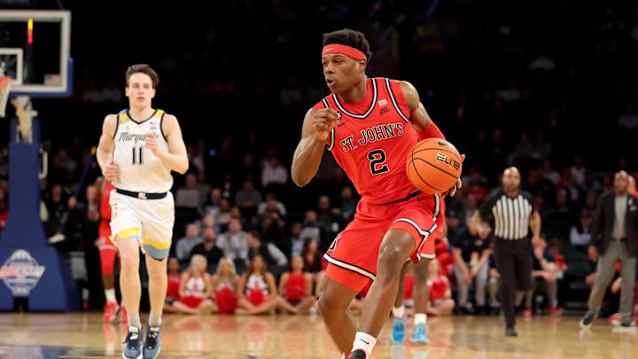 Mar 9, 2023; New York, NY, USA; St. John's basketball guard AJ Storr (2) brings the ball up court