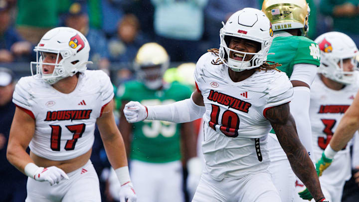 Louisville defensive back Benjamin Perry (10) celebrates a turnover during a NCAA college football game between Notre Dame and Louisville at Notre Dame Stadium on Saturday, Sept. 28, 2024, in South Bend.
