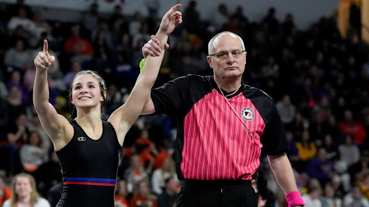 Raccoon River-Northwest’s Katie Biscoglia defeated LeMars’ Keira Hessenius in the Class 2A 105-pound finals at the IGHSAU state wrestling tournament Day 2 Friday, Feb. 7, 2025 at Xtream Arena in Coralville, Iowa.
