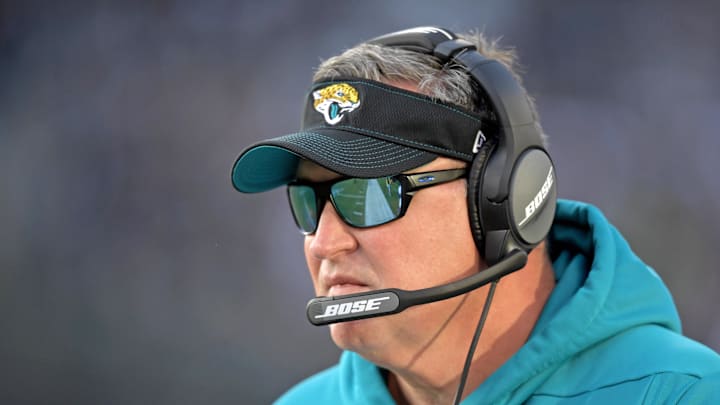 Dec 15, 2019; Oakland, CA, USA; Jacksonville Jaguars head coach Doug Marrone watches a game from the sidelines against the Oakland Raiders during the Raiders final game at the Oakland-Alameda Coliseum before relocating to Las Vegas for the 2020 season. Mandatory Credit: Kirby Lee-Imagn Images