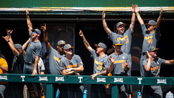 The Tennessee dugout celebrates after Tennessee's Hunter Ensley (9) hit the team's third home run of the first inning during game two of the NCAA baseball tournament Knoxville Super Regional between Tennessee and Evansville held at Lindsey Nelson Stadium on Saturday, June 8, 2024. The Tennessee dugout celebrates after Tennessee's Hunter Ensley (9) hit the team's third home run of the first inning during game two of the NCAA baseball tournament Knoxville Super Regional between Tennessee and Evansville held at Lindsey Nelson Stadium on Saturday, June 8, 2024.