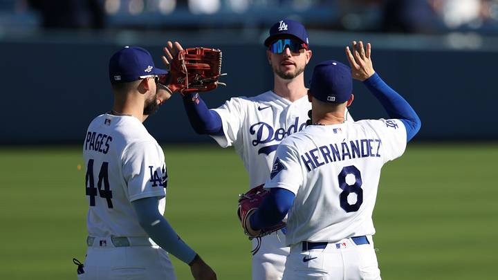 Los Angeles Dodgers outfielder Andy Pages (44), outfielder Kyle Tucker (23) and first baseman Enrique Hernandez (8) react after defeating the Atlanta Braves in game one of the NLDS for the 2026 MLB Playoffs at Uniqlo Field at Dodger Stadium on Oct. 3, 2026. Los Angeles Dodgers outfielder Andy Pages (44), outfielder Kyle Tucker (23) and first baseman Enrique Hernandez (8) react after defeating the Atlanta Braves in game one of the NLDS for the 2026 MLB Playoffs at Uniqlo Field at Dodger Stadium on Oct. 3, 2026.