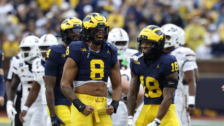 Sep 19, 2026; Ann Arbor, Michigan, USA; Michigan Wolverines defensive end Dom Nichols (8) reacts after a play against the Texas El Paso Miners during the first quarter at Michigan Stadium. Mandatory Credit: Rick Osentoski-Imagn Images Sep 19, 2026; Ann Arbor, Michigan, USA; Michigan Wolverines defensive end Dom Nichols (8) reacts after a play against the Texas El Paso Miners during the first quarter at Michigan Stadium. Mandatory Credit: Rick Osentoski-Imagn Images