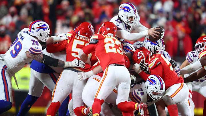 Jan 26, 2025; Kansas City, MO, USA; Buffalo Bills quarterback Josh Allen (17) seeks a first down against the Kansas City Chiefs during the second half in the AFC Championship game 