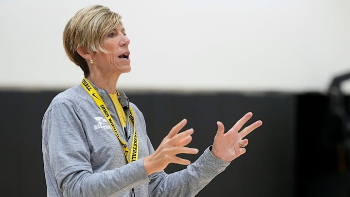 Iowa head coach Jan Jensen speaks to her team during a women’s basketball practice July 22, 2025 at Carver-Hawkeye Arena in Iowa City, Iowa.