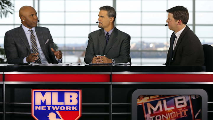 Dec 5, 2016; National Harbor, MD, USA; MLB Network personalities (L-R) Cliff Floyd and Mike Lowell speak with Los Angeles Dodgers pitcher Rich Hill (R) on set after Hill signed a three year contract during the 2016 MLB Winter Meetings at Gaylord National Resort & Convention Center. Mandatory Credit: Geoff Burke-Imagn Images