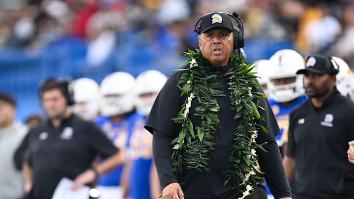 Nov 29, 2024; San Jose, California, USA; San Jose State Spartans head coach Ken Niumatalolo looks on against the Stanford Cardinal in the second quarter at CEFCU Stadium. Mandatory Credit: Eakin Howard-Imagn Images