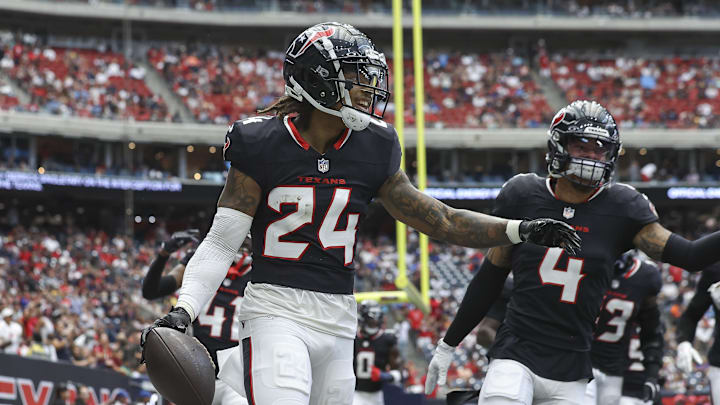 Aug 17, 2024; Houston, Texas, USA; Houston Texans cornerback Derek Stingley Jr. (24) celebrates after an interception during the first quarter against the New York Giants at NRG Stadium. Mandatory Credit: Troy Taormina-Imagn Images Aug 17, 2024; Houston, Texas, USA; Houston Texans cornerback Derek Stingley Jr. (24) celebrates after an interception during the first quarter against the New York Giants at NRG Stadium. Mandatory Credit: Troy Taormina-Imagn Images