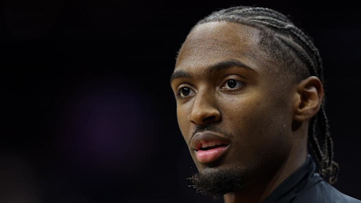 Nov. 8, 2025; Philadelphia, Pennsylvania, USA; Philadelphia 76ers guard Tyrese Maxey before action against the Toronto Raptors at Xfinity Mobile Arena.