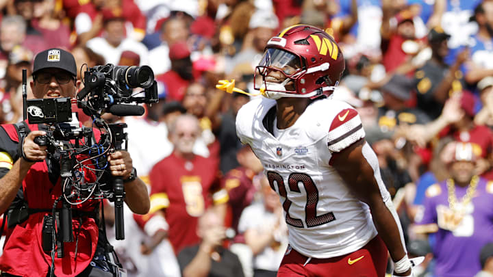 Sep 7, 2025; Landover, Maryland, USA; Washington Commanders running back Jacory Croskey-Merritt (22) reacts after a play during the second quarter against the New York Giants at Northwest Stadium. Mandatory Credit: Amber Searls-Imagn Images