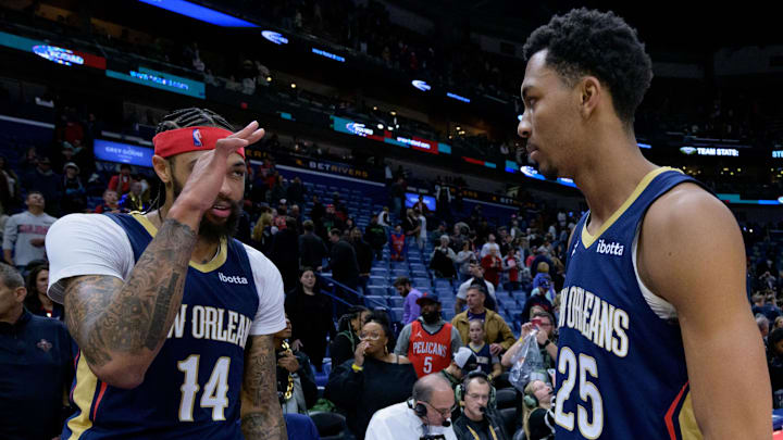 Dec 28, 2023; New Orleans, Louisiana, USA;  New Orleans Pelicans forward Brandon Ingram (14) salutes