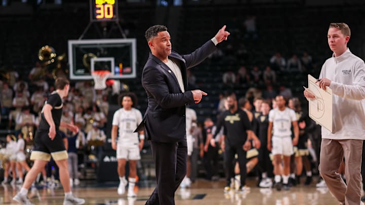 Feb 11, 2026; Atlanta, Georgia, USA; Georgia Tech Yellow Jackets head coach Damon Stoudamire during a timeout against the Wake Forest Demon Deacons in the second quarter at McCamish Pavilion. Mandatory Credit: Brett Davis-Imagn Images