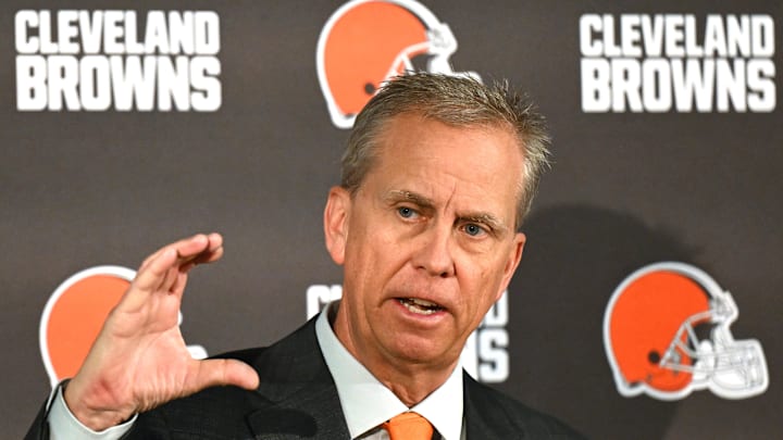 Feb 3, 2026; Berea, OH, USA; Cleveland Browns head coach Todd Monken speaks to the media during an introductory press conference at CrossCountry Mortgage Campus. Mandatory Credit: Ken Blaze-Imagn Images