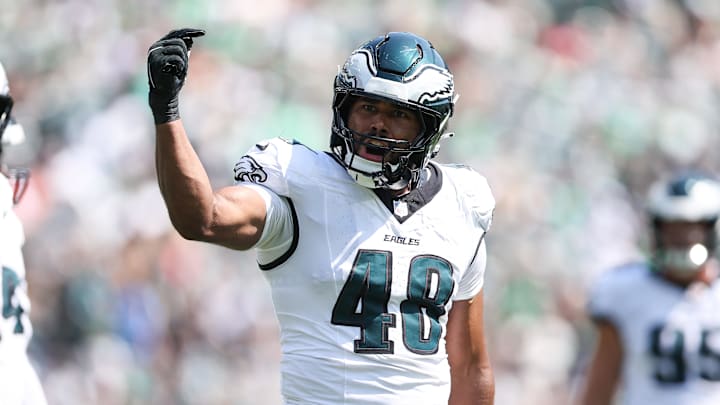 Aug 16, 2025; Philadelphia, Pennsylvania, USA; Philadelphia Eagles linebacker Patrick Johnson (48) reacts after a tackle against the Cleveland Browns during the third quarter at Lincoln Financial Field. Aug 16, 2025; Philadelphia, Pennsylvania, USA; Philadelphia Eagles linebacker Patrick Johnson (48) reacts after a tackle against the Cleveland Browns during the third quarter at Lincoln Financial Field.