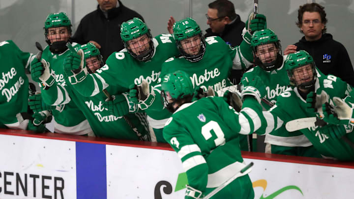 Notre Dame Academy's Nathan Antti (3) celebrates scoring a goal with teammates during their hockey sectional final game against the Neenah/Hortonville/Menasha Rockets Friday, February 28, 2025, at Community First Champion Center in Grand Chute, Wisconsin. Notre Dame Academy won 4-2. Having championships already in 2023 and 2024, the Tritons needs two more wins in this state tournament to get the precious three peat.