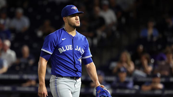 Sep 16, 2025; St. Petersburg, Florida, USA;  Toronto Blue Jays starting pitcher Jose Berrios (17) walks to the dugout after he pitched the fourth inning against the Tampa Bay Rays at George M. Steinbrenner Field. 