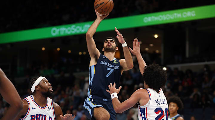 Nov 20, 2024; Memphis, Tennessee, USA; Memphis Grizzlies forward Santi Aldama (7) shoots during the second half against the Philadelphia 76ers at FedExForum. Mandatory Credit: Petre Thomas-Imagn Images